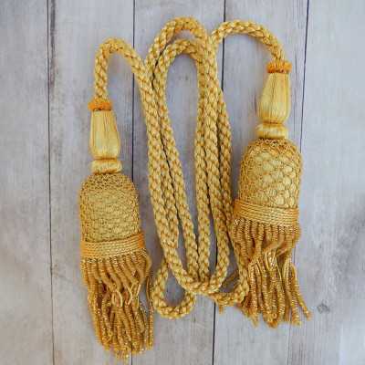 French gold cord 1.5 m and golden 20 cm large tassels with corkscrew fringe