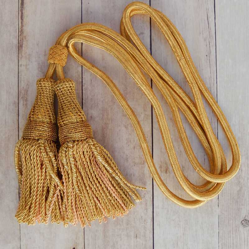 Gold handmade cingulate belt 95 cm and 15 cm tassels with curly fringe